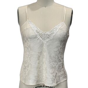 Silkscreen Ivory 100% Silk Lace Camisole Women Sz L Satin Jacquard EVC